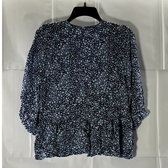 JIMMY KEY Women's Blue Floral V-Neck Surplice Ruffle 3/4 Sleeve Top SZ L - Picture 2 of 8